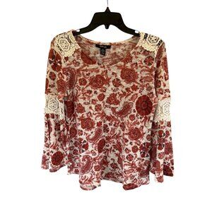 Style & Co Red Floral Long Sleeve Top Womens Size Petite S Casual Stretch Blouse